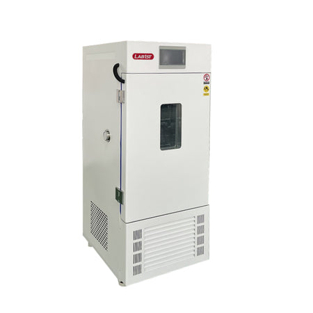 White industrial cabinet with door and window on a plain background