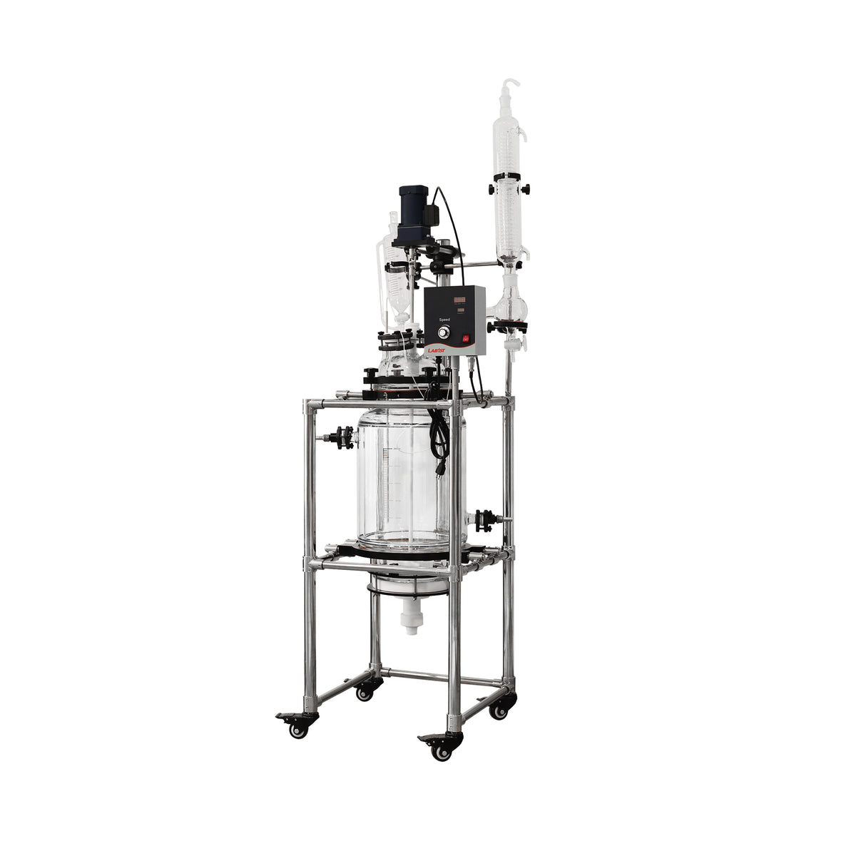 A Lab1st glass filter reactor with jacketed dual system, equipped with a glass vessel, stirring mechanism and a filter base, mounted on a stainless steel frame with casters.