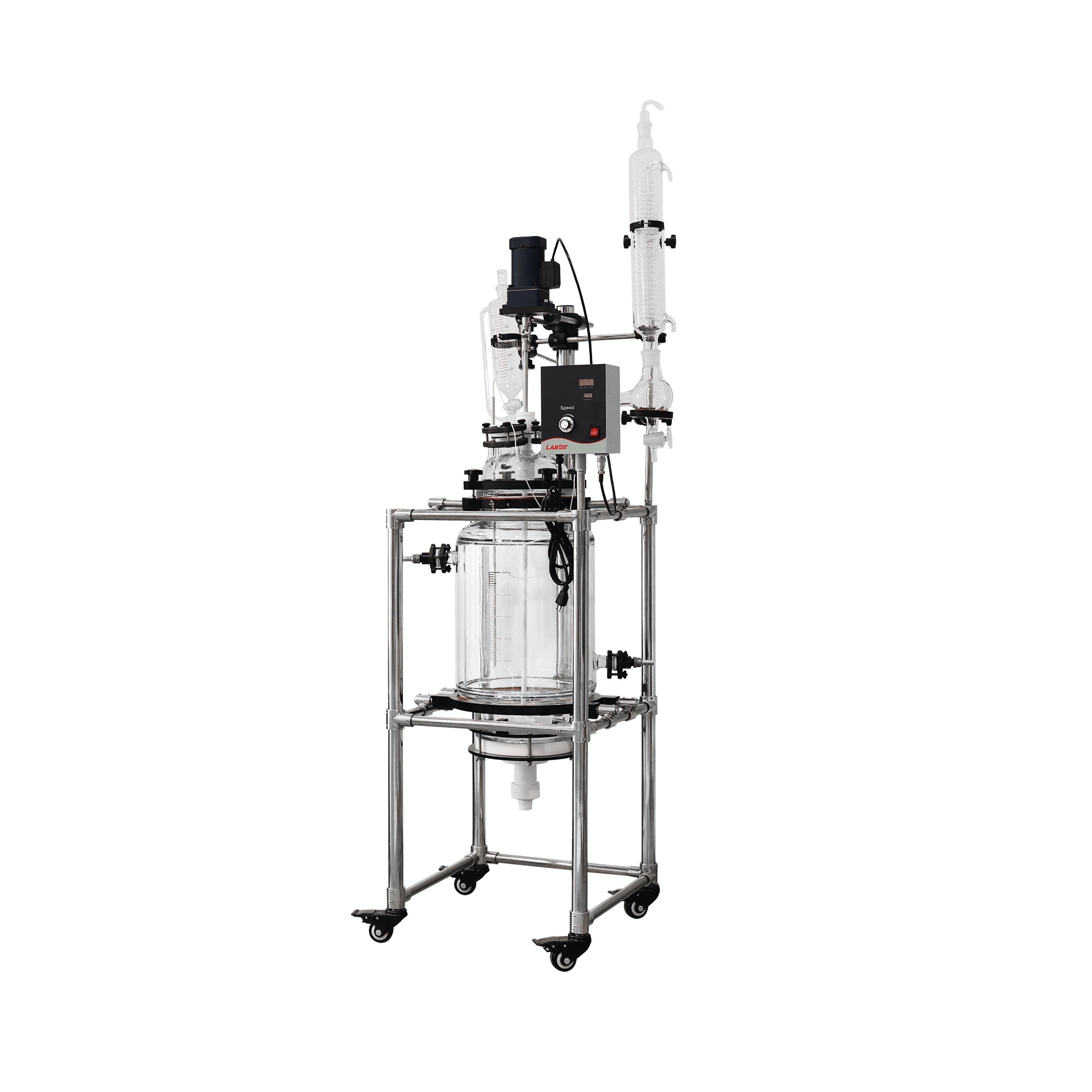 A Lab1st glass filter reactor with jacketed dual system, equipped with a glass vessel, stirring mechanism and a filter base, mounted on a stainless steel frame with casters.