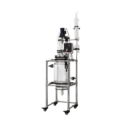 A Lab1st glass filter reactor with jacketed dual system, equipped with a glass vessel, stirring mechanism and a filter base, mounted on a stainless steel frame with casters.