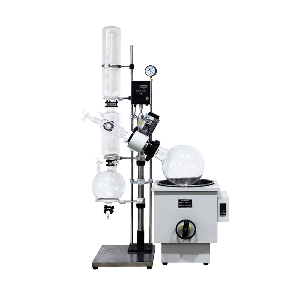 Rotary evaporator lab equipment used for the efficient removal of solvents from samples, consisting of a flask with a condenser, a water bath, and a digital control panel.