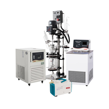 Laboratory equipment including a refrigerator, heating bath, and centrifuge on a white background