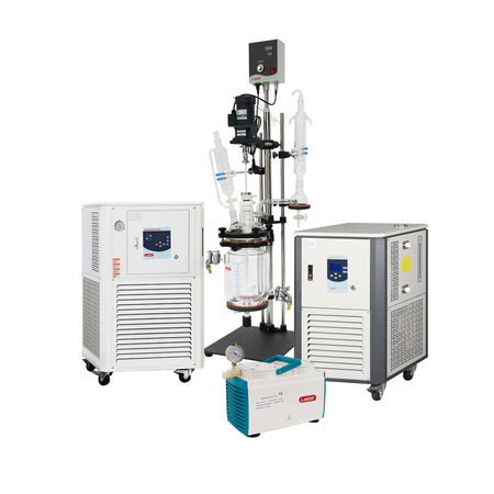 Laboratory equipment including a refrigerator, vacuum pump, and glassware on a white background