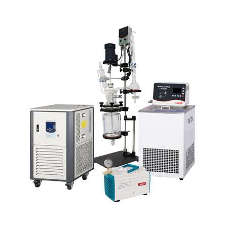 Laboratory equipment including a refrigerator, vacuum pump, and heating system on a white background