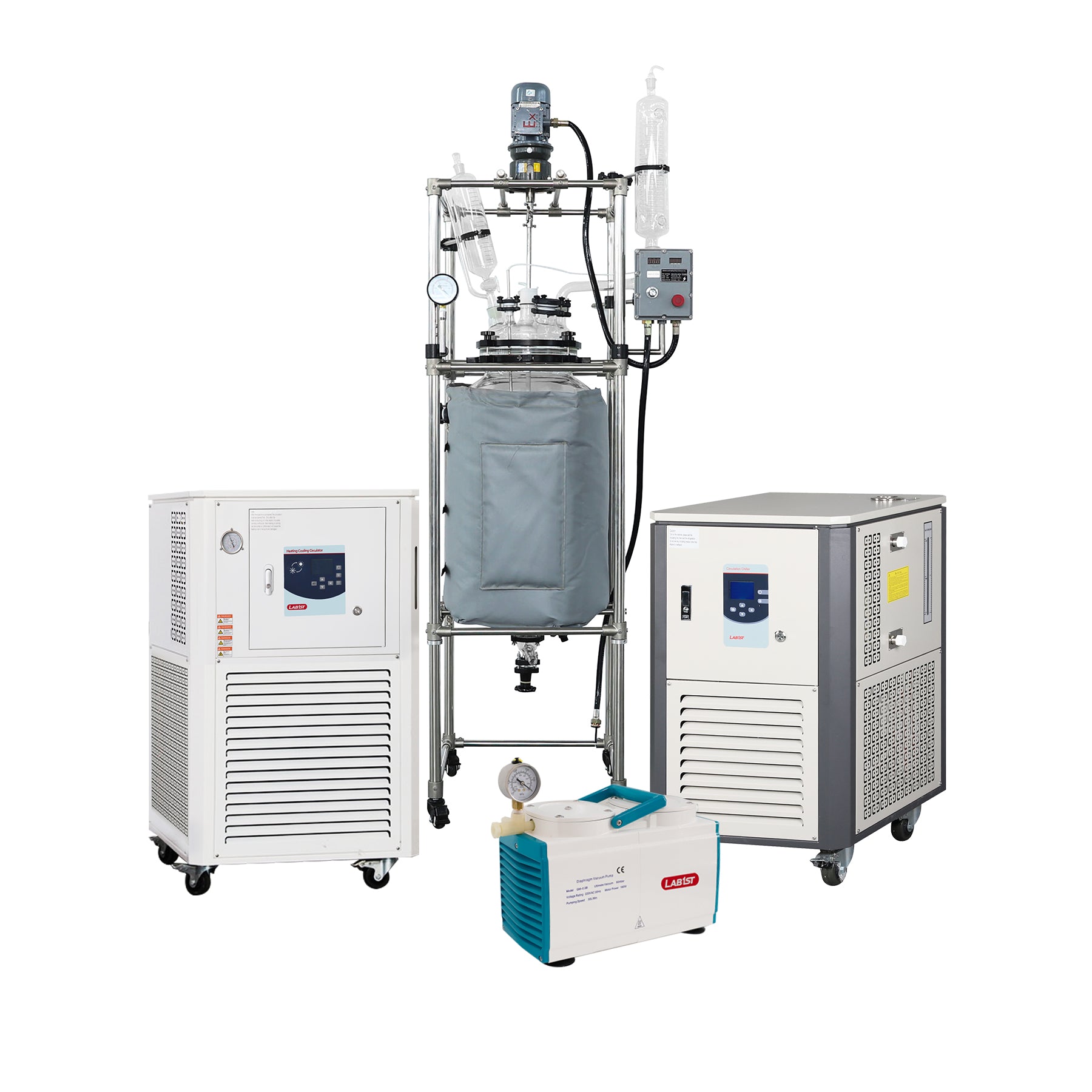 Laboratory equipment including a refrigerator, vacuum pump, and other scientific apparatus on a white background