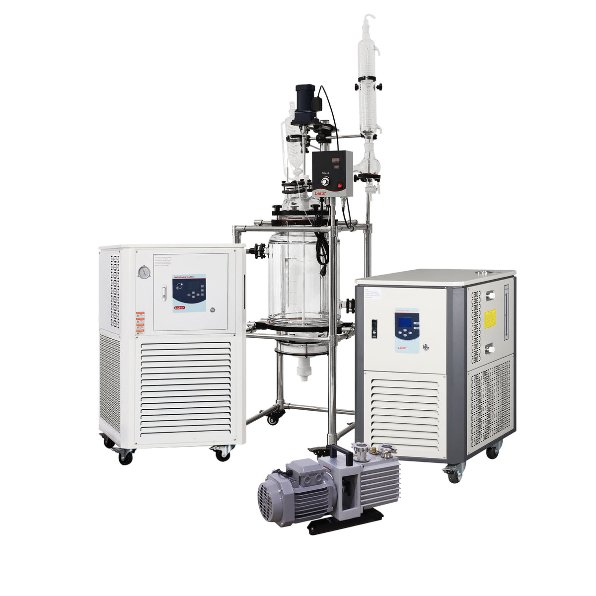 Laboratory equipment with a glass reactor and control panels on a white background