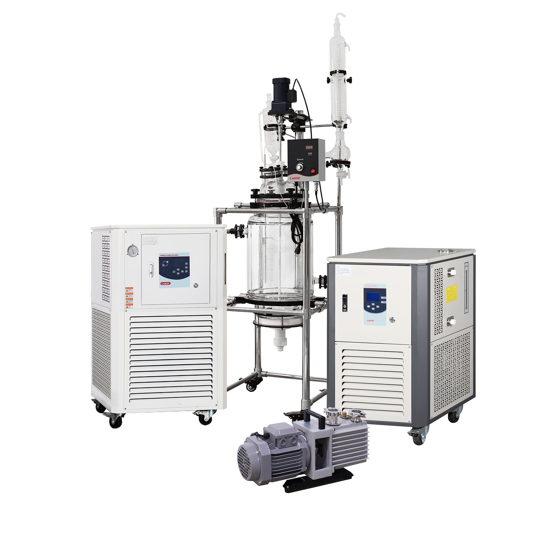 Laboratory equipment with a glass reactor and control panels on a white background