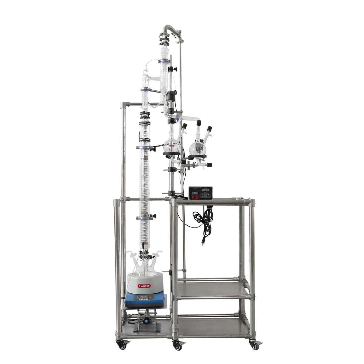 Lab scale distillation equipment consisting of a column with glass tubing and metal stand with a digital display and various attachments.