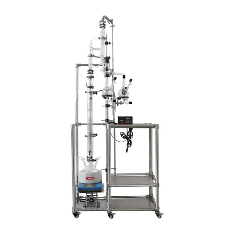 Lab scale distillation equipment consisting of a column with glass tubing and metal stand with a digital display and various attachments.